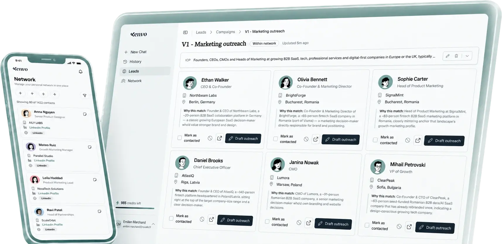 The Kenvo app on desktop and mobile, showing a ranked shortlist of contacts in a marketing outreach campaign with match reasons for each person.
