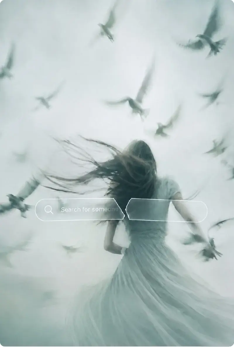 A figure surrounded by birds in flight, behind an empty search field.